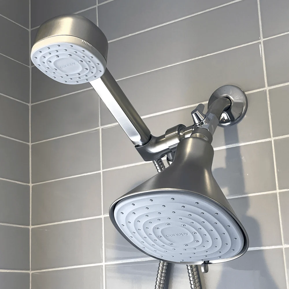Get Canopy Shower System in brushed nickel bathroom setting