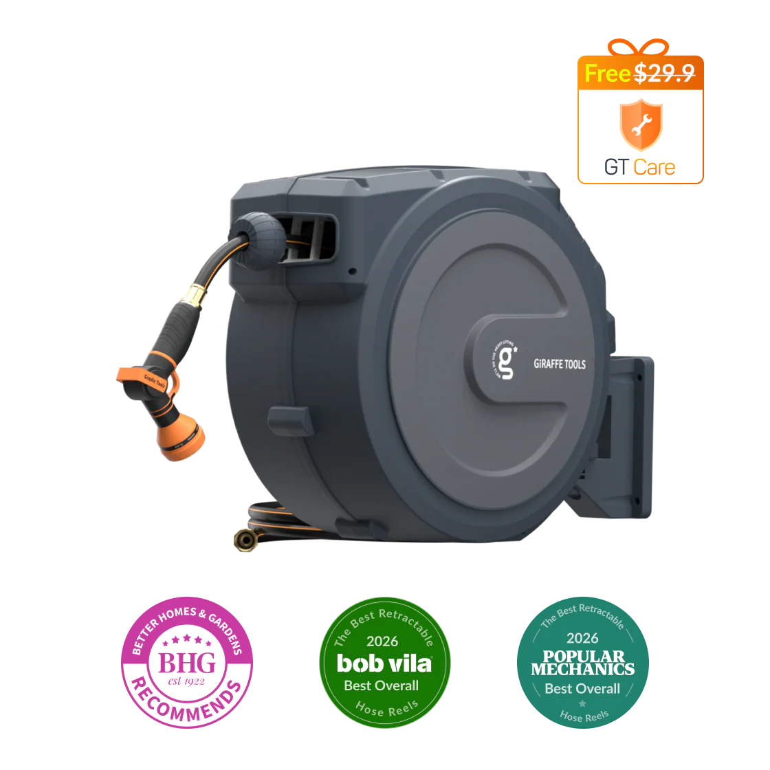 Giraffe Tools retractable garden hose reel with wall mount and nozzle