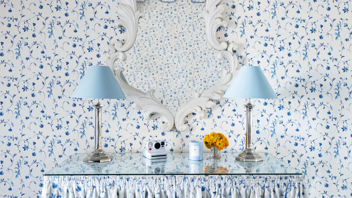 Hill House Home blue botanical wallpaper styled in a room