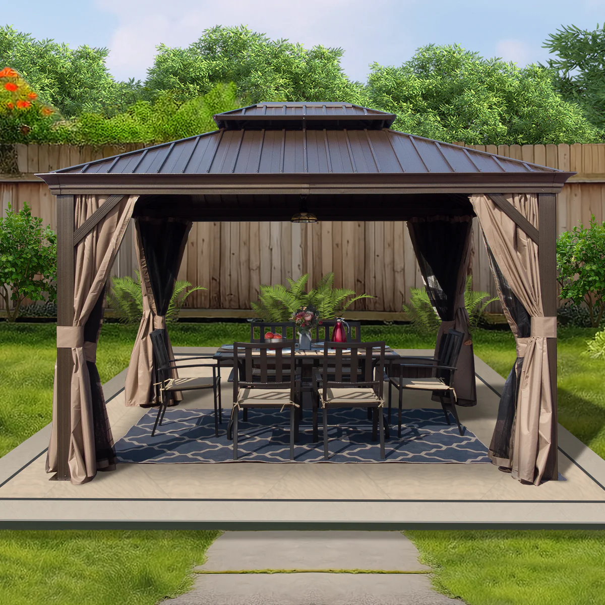 Kozyard Alexander hardtop gazebo with brown frame and outdoor dining setup