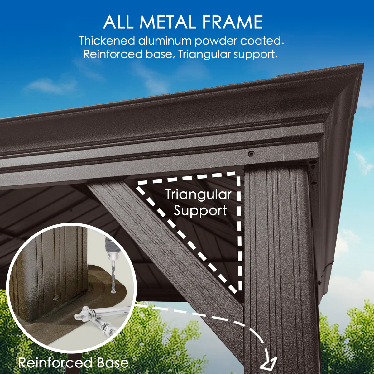 Kozyard gazebo frame detail showing reinforced base and triangular support