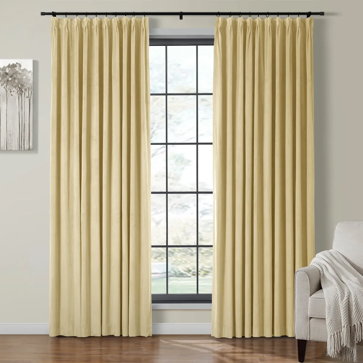 Cream TWOPAGES Birkin velvet pleated curtains on a black curtain rod